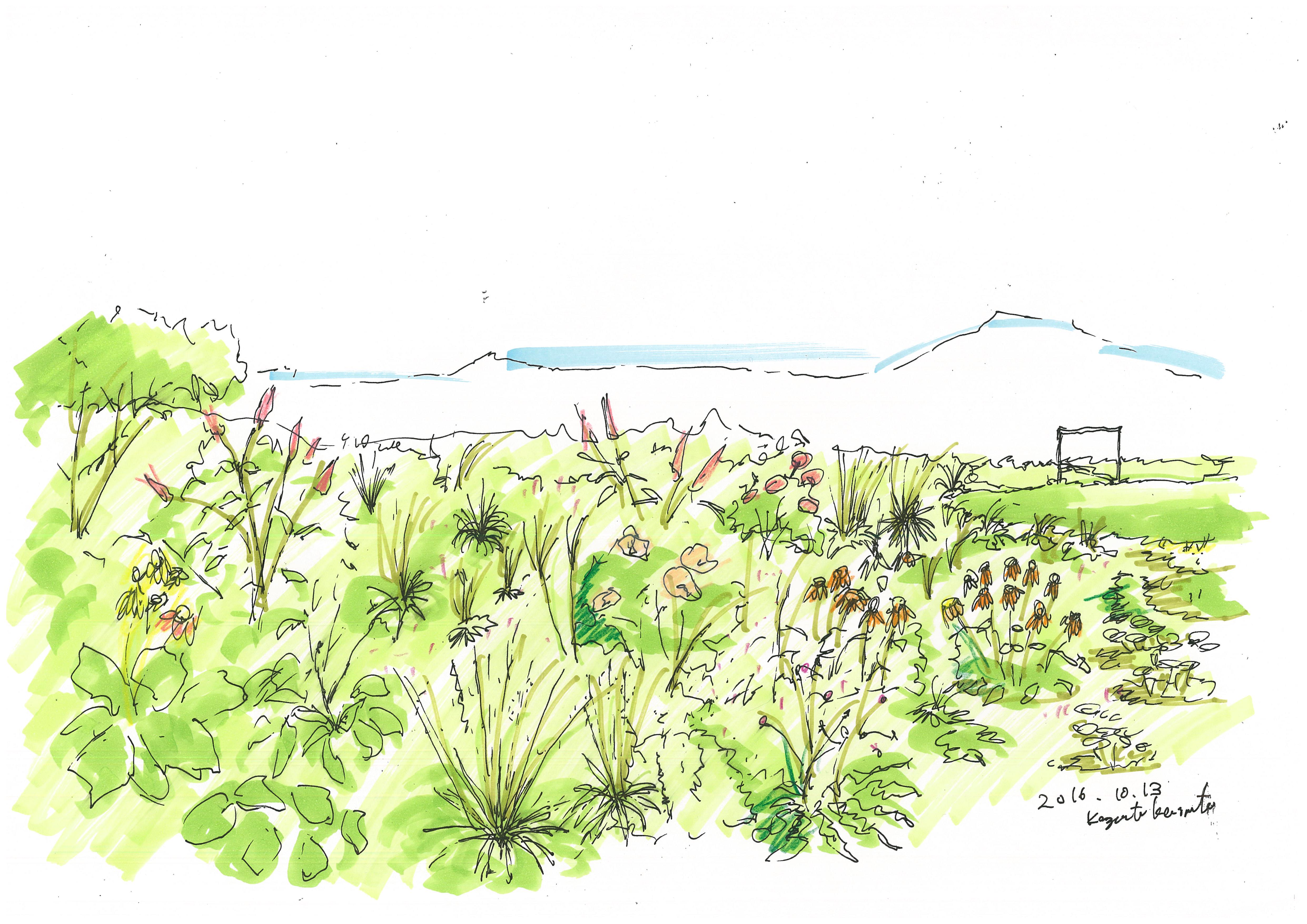 Villa Cranes sketch meadow garden onsen view 